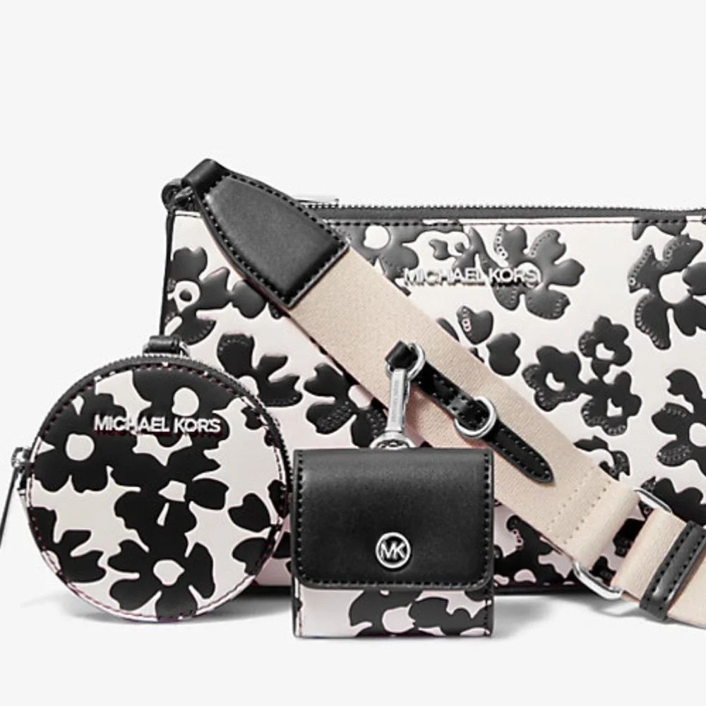MICHAEL KORS Jet Set Sm Sequined Floral Print Crossbody w Case for Apple Airpods - Picture 3 of 16
